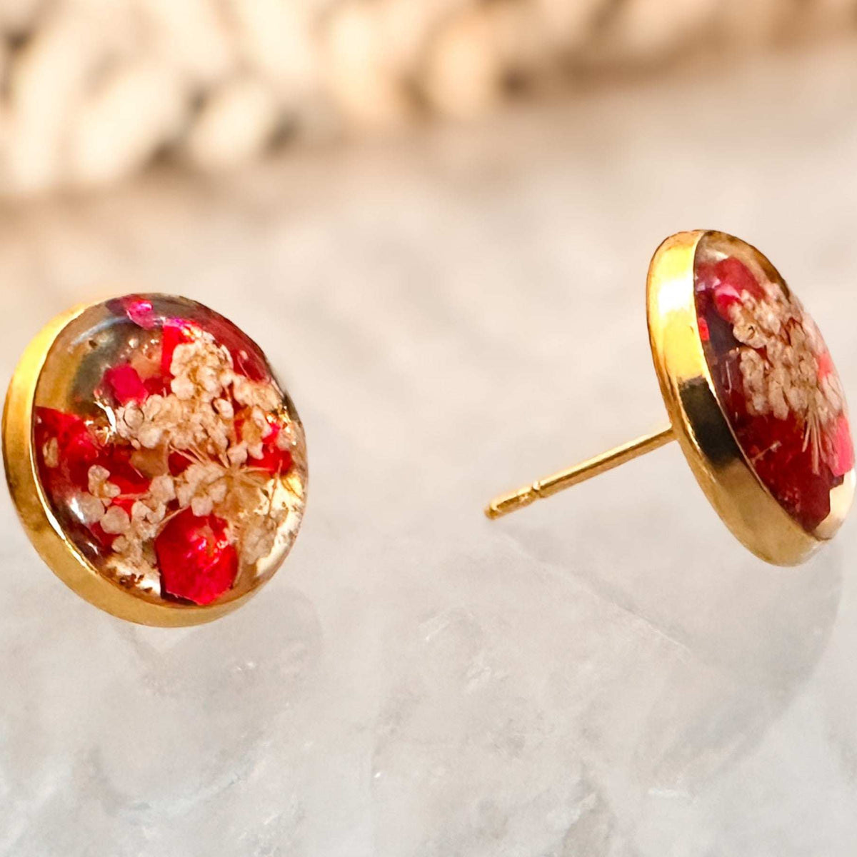 Scarlet Lace Sparkle Studs - Handmade Botanical Resin Stud Earrings
