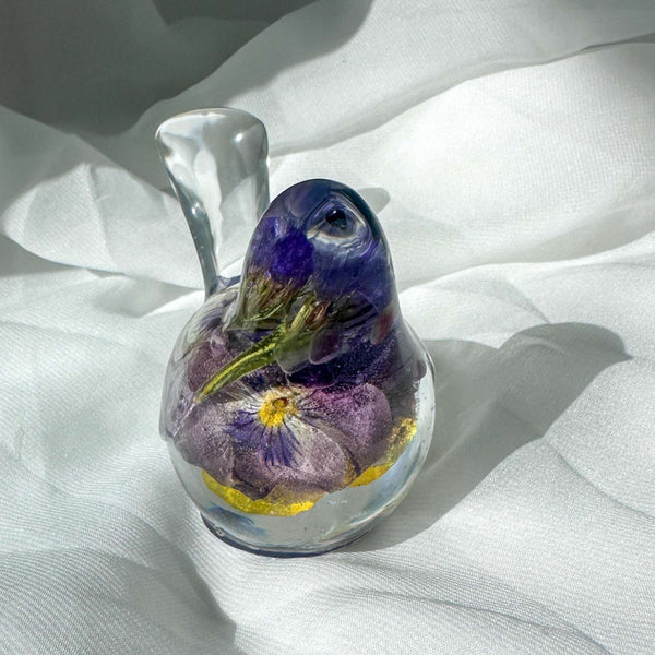 Pansy Songbird: Resin Large Bird with Real Pansies & Fluorite Gemstones