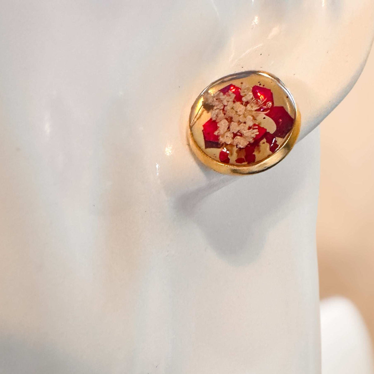 Scarlet Lace Sparkle Studs - Handmade Botanical Resin Stud Earrings