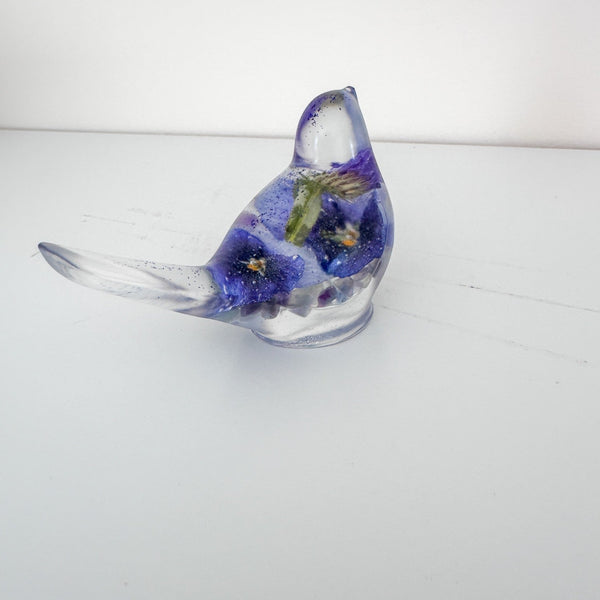 Pansy Songbird: Resin Small Bird with Real Pansies & Fluorite Gemstones