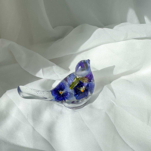 Pansy Songbird: Resin Small Bird with Real Pansies & Fluorite Gemstones