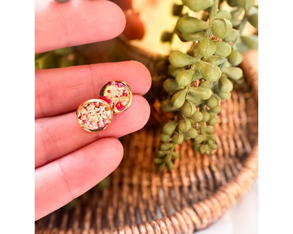 Scarlet Lace Sparkle Studs - Handmade Botanical Resin Stud Earrings