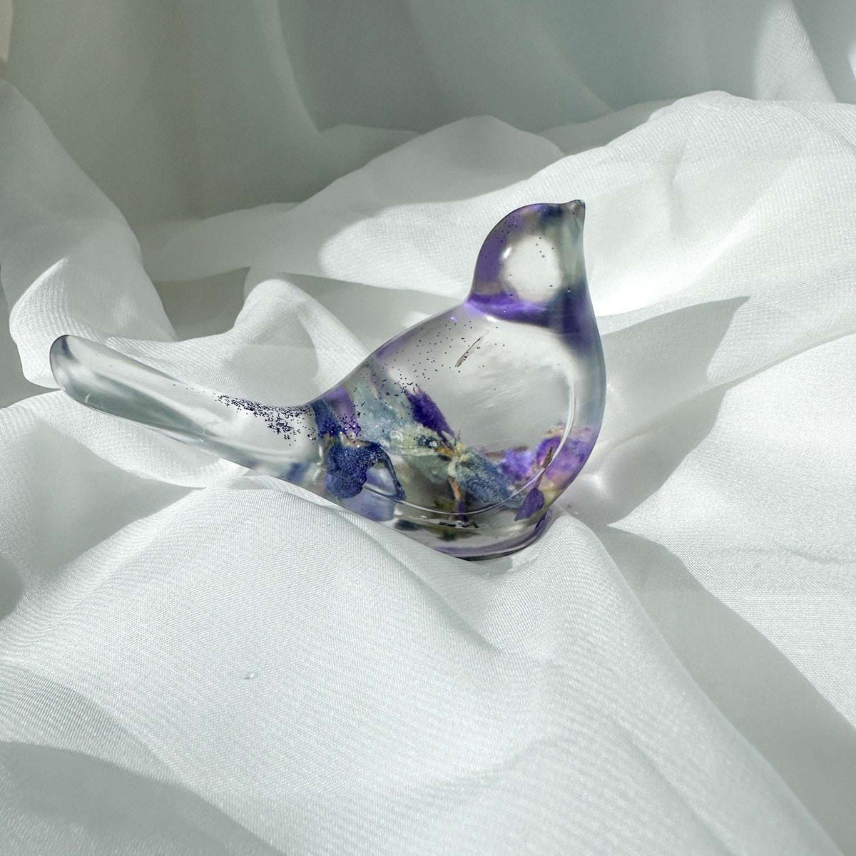 Pansy Songbird: Resin Small Bird with Real Pansies & Fluorite Gemstones