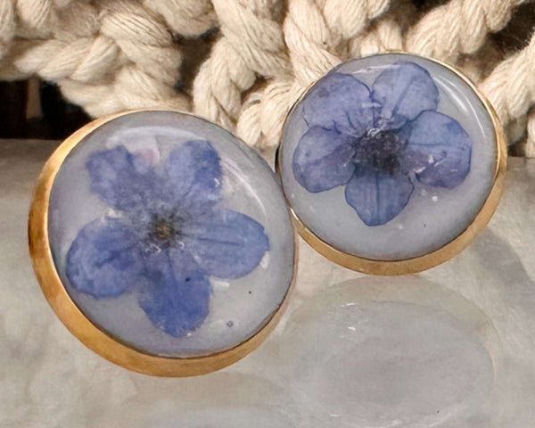 Forget-Me-Not Whispering Gold Studs - Handmade Floral Resin Earrings