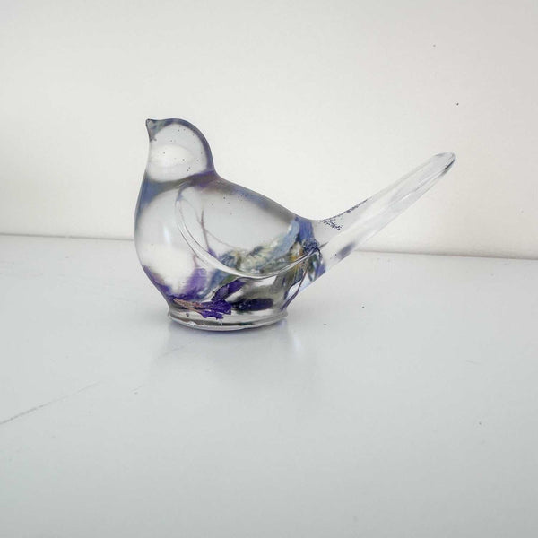 Pansy Songbird: Resin Small Bird with Real Pansies & Fluorite Gemstones