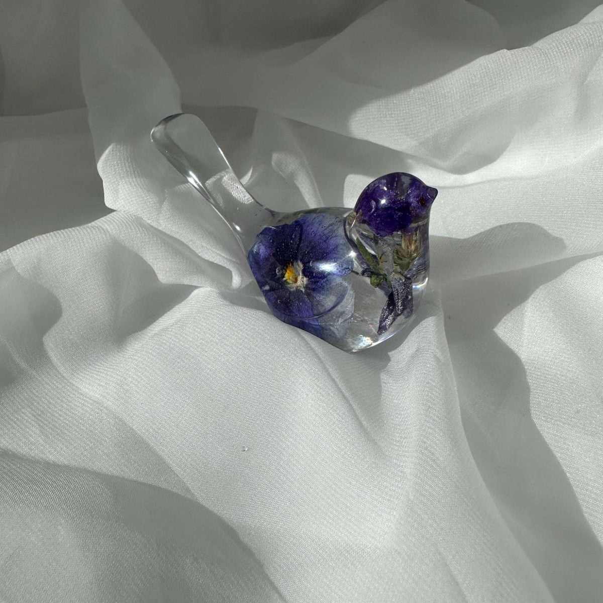 Pansy Songbird: Resin Small Bird with Real Pansies & Fluorite Gemstones