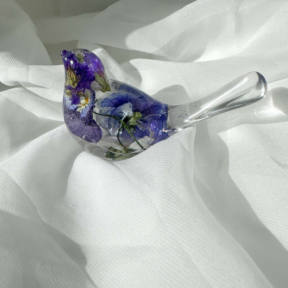 Pansy Songbird: Resin Small Bird with Real Pansies & Fluorite Gemstones