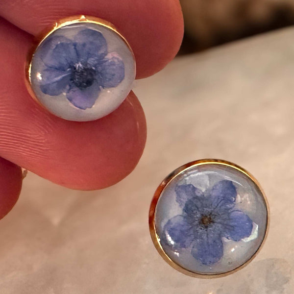 Forget-Me-Not Whispering Gold Studs - Handmade Floral Resin Earrings