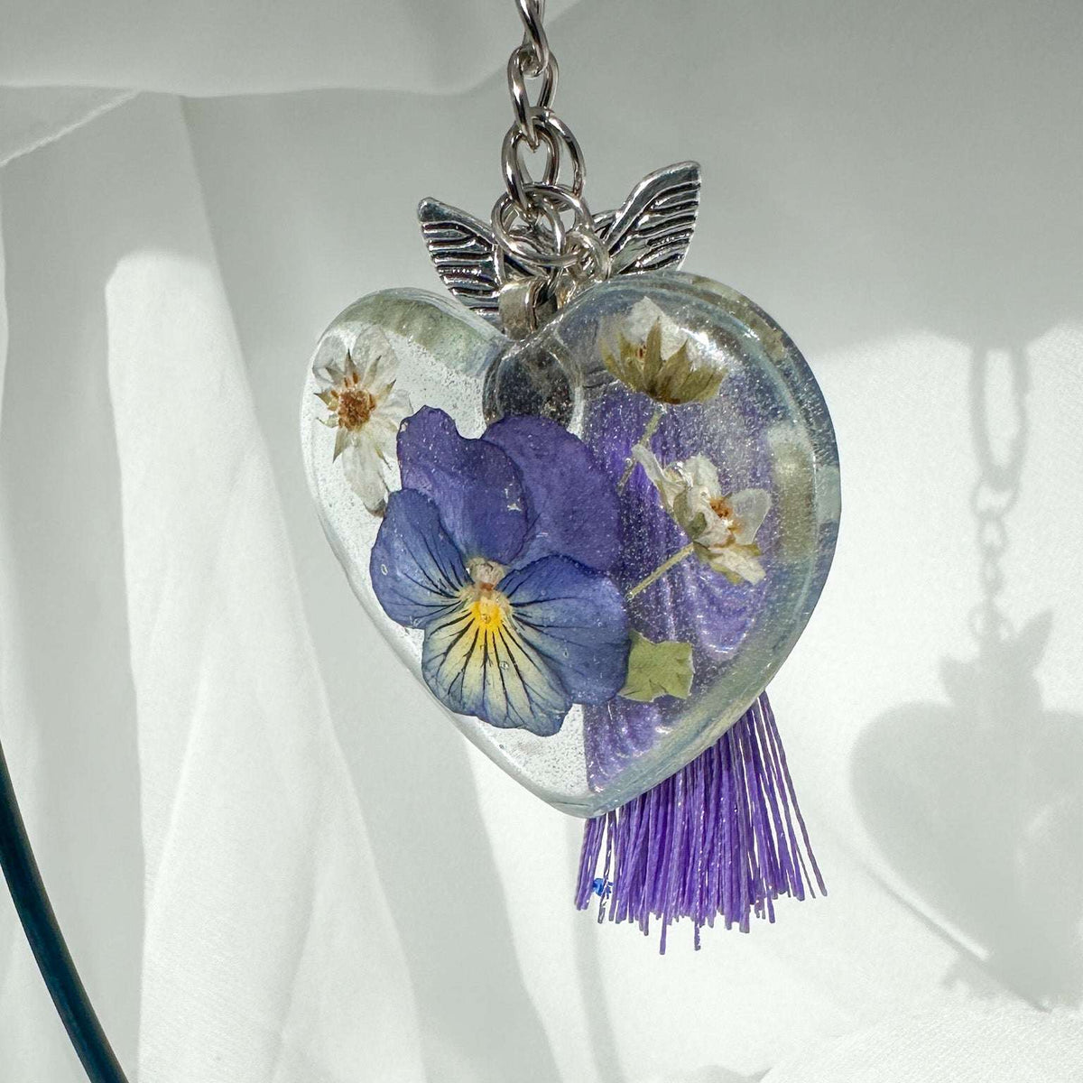 Keychain Fluttering Heart: Pansy Resin Keychain with Butterfly Charm