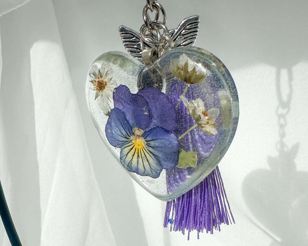 Keychain Fluttering Heart: Pansy Resin Keychain with Butterfly Charm