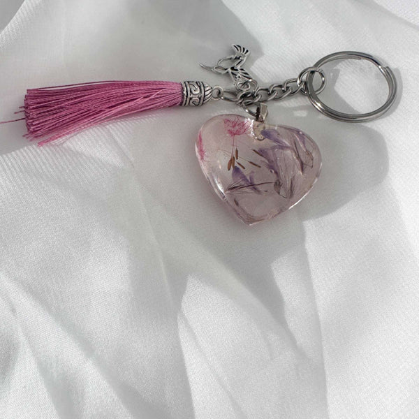 Whispering Blooms Keychain: Handmade Pressed Flower Resin Heart Charms