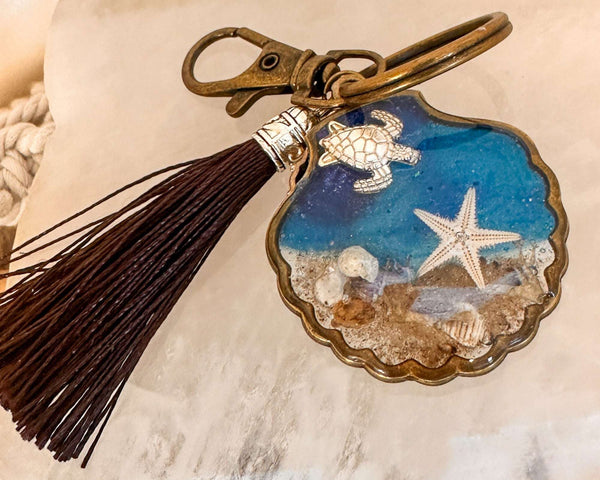 Sea Turtle Treasure Seashell Charm - Handmade Resin Ocean Keychain