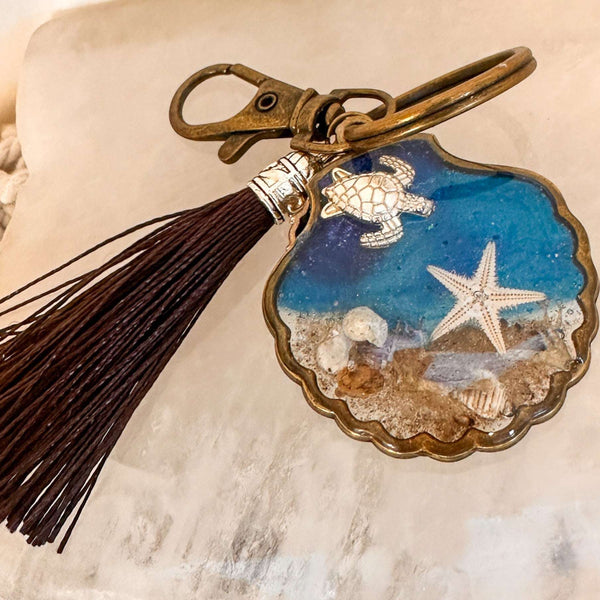 Sea Turtle Treasure Seashell Charm - Handmade Resin Ocean Keychain