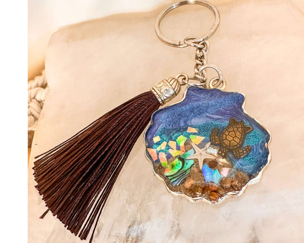 Sea Turtle Treasure Seashell Charm - Handmade Resin Ocean Keychain