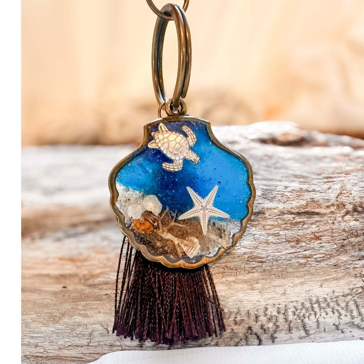 Sea Turtle Treasure Seashell Charm - Handmade Resin Ocean Keychain