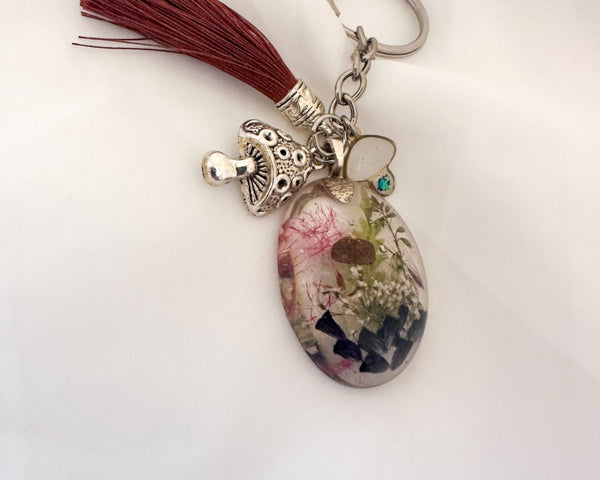 Whispering Woods Keychain Handmade Botanical Resin Forest Mushrooms