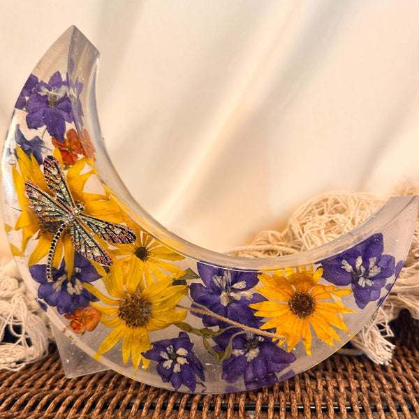 Moonlit Meadow - Handmade Dried Floral Resin Lighted Moon Art Decor