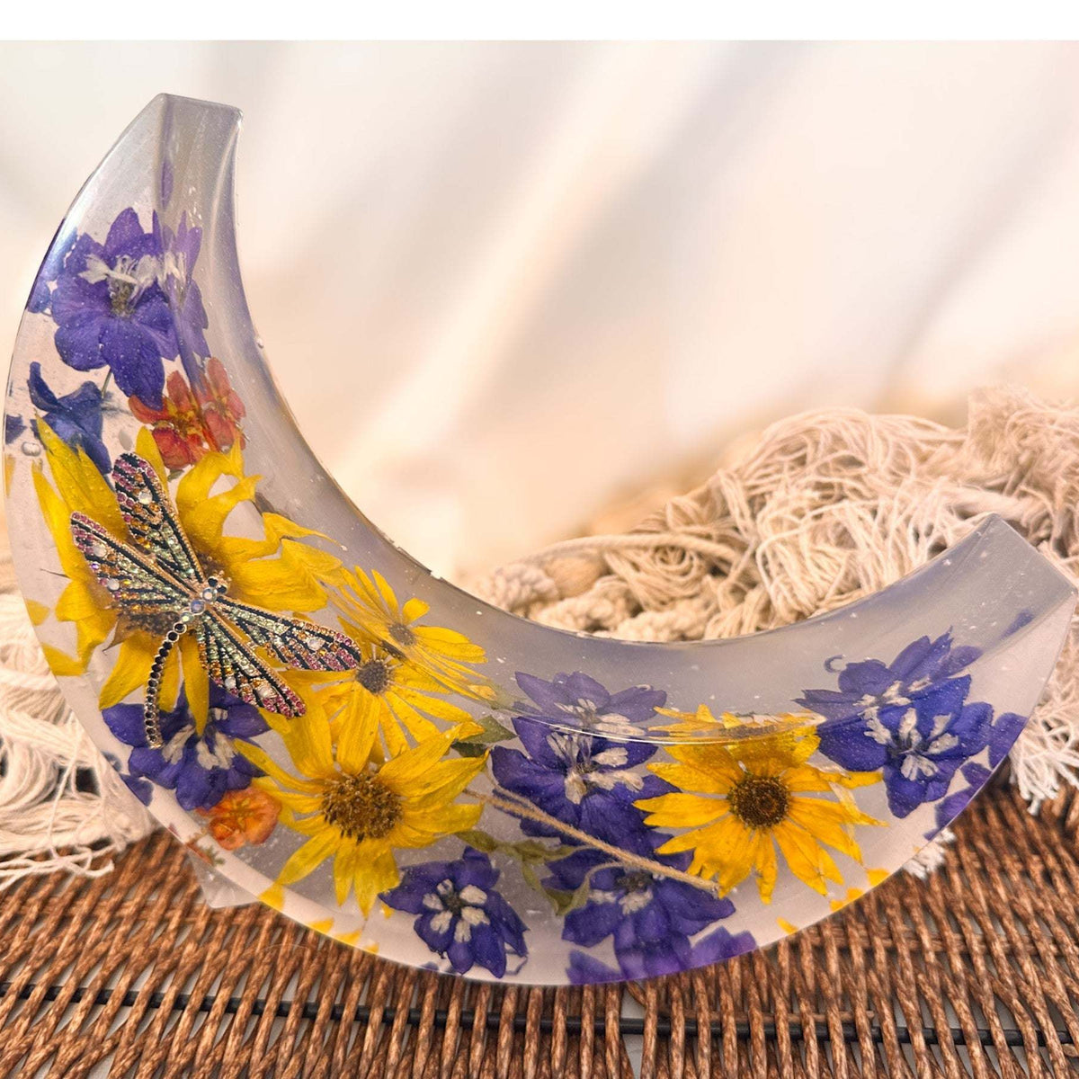 Moonlit Meadow - Handmade Dried Floral Resin Lighted Moon Art Decor