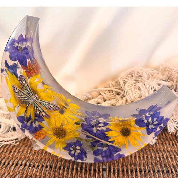 Moonlit Meadow - Handmade Dried Floral Resin Lighted Moon Art Decor