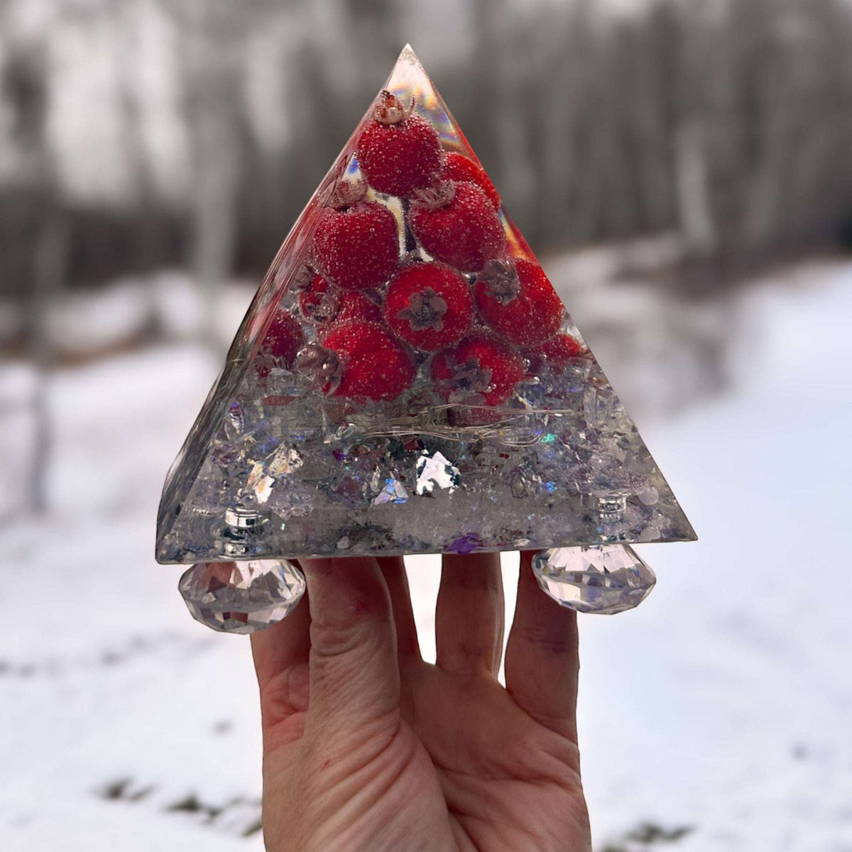 Frosted Berry Glow Pyramid - Handmade Resin Winter Magic Glow