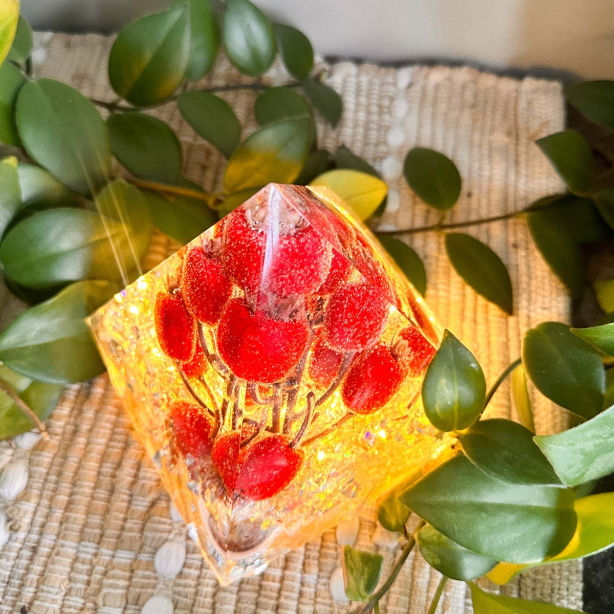 Frosted Berry Glow Pyramid - Handmade Resin Winter Magic Glow