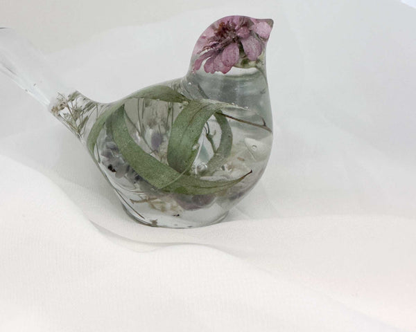 Serene Spring Sparrow: Handmade Fluorite Gemstone & Floral Resin Bird