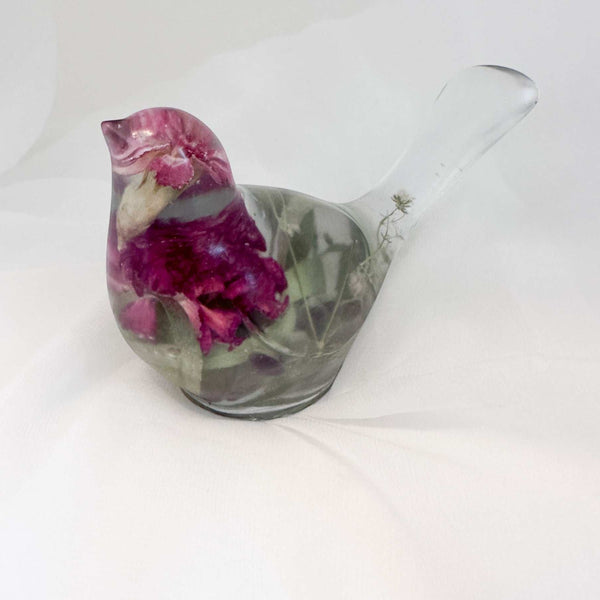 Serene Spring Sparrow: Handmade Fluorite Gemstone & Floral Resin Bird