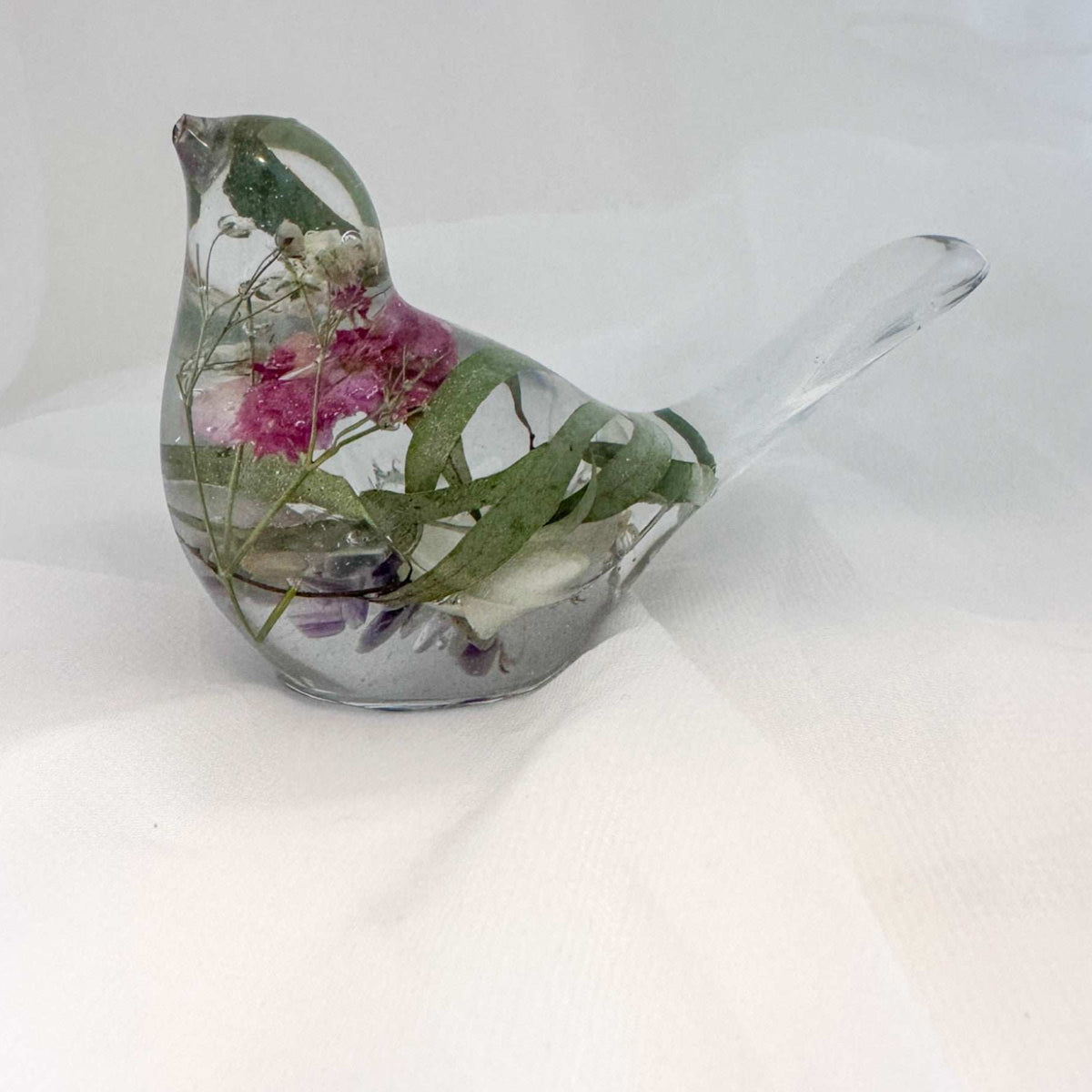 Serene Spring Sparrow: Handmade Fluorite Gemstone & Floral Resin Bird