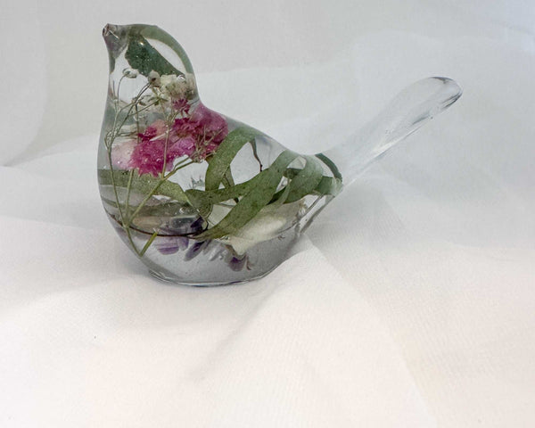 Serene Spring Sparrow: Handmade Fluorite Gemstone & Floral Resin Bird