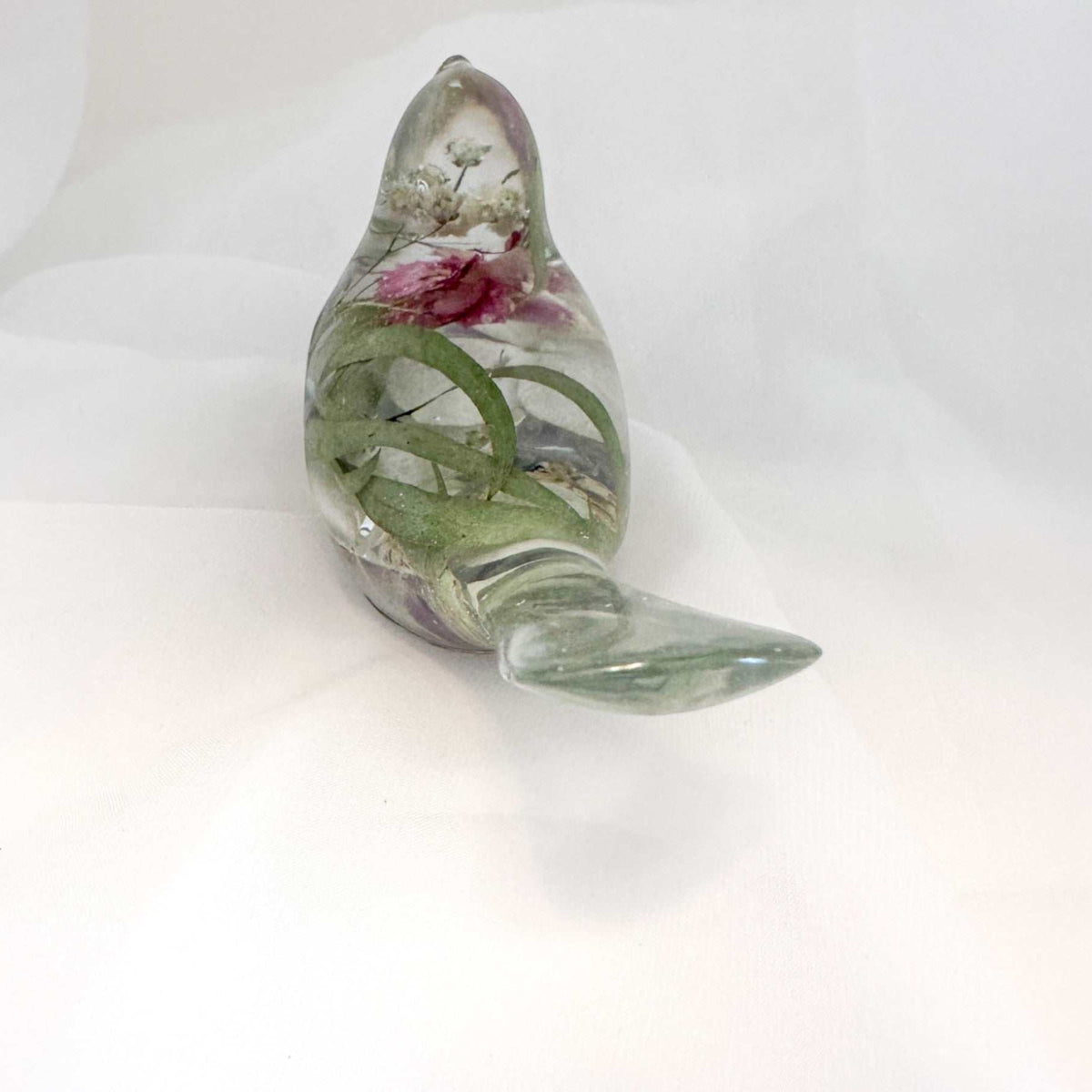 Serene Spring Sparrow: Handmade Fluorite Gemstone & Floral Resin Bird