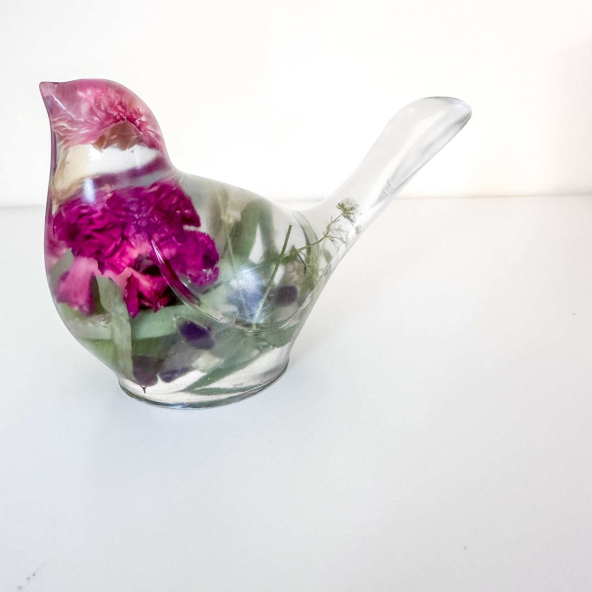 Serene Spring Sparrow: Handmade Fluorite Gemstone & Floral Resin Bird