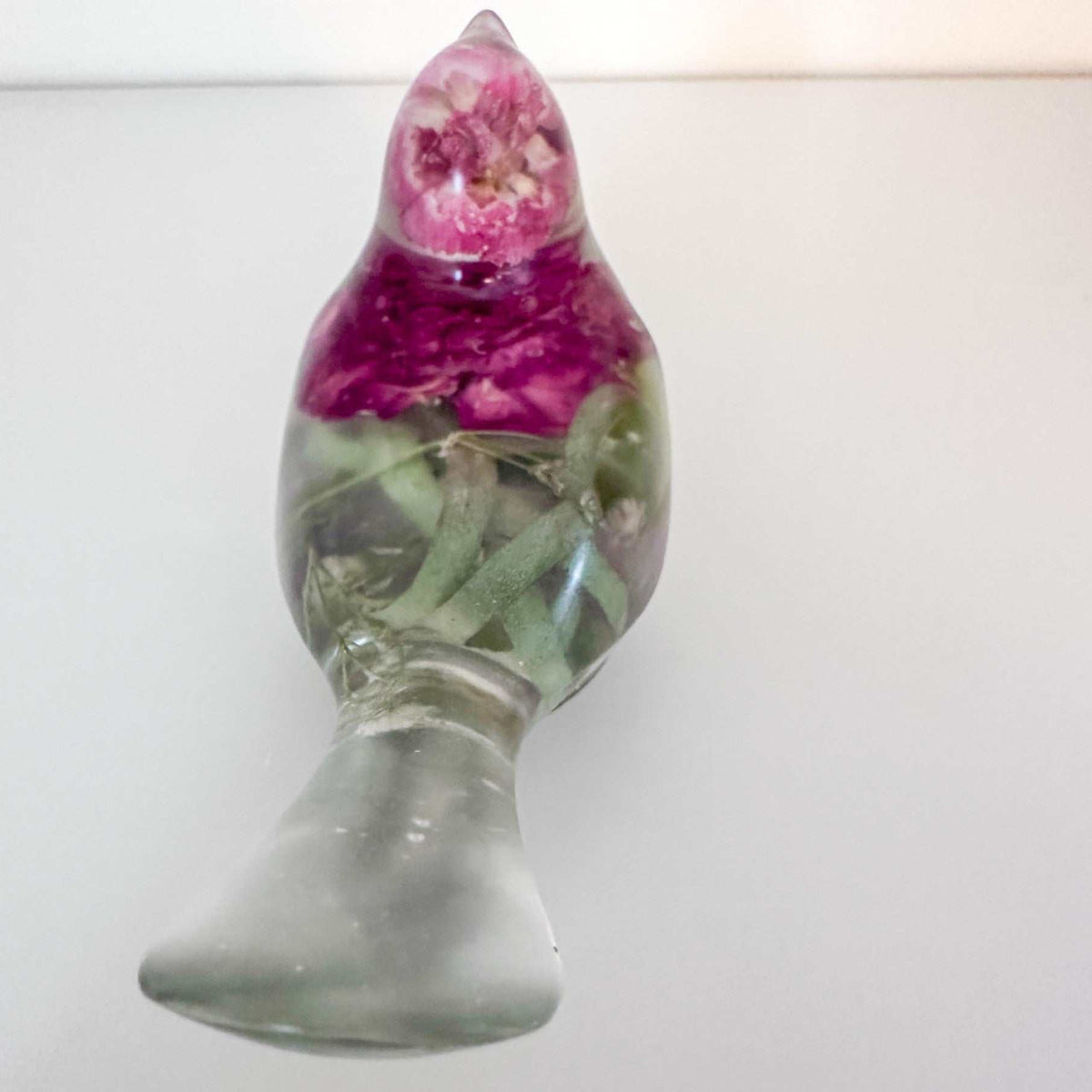 Serene Spring Sparrow: Handmade Fluorite Gemstone & Floral Resin Bird