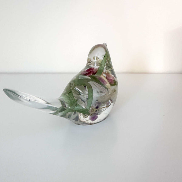 Serene Spring Sparrow: Handmade Fluorite Gemstone & Floral Resin Bird