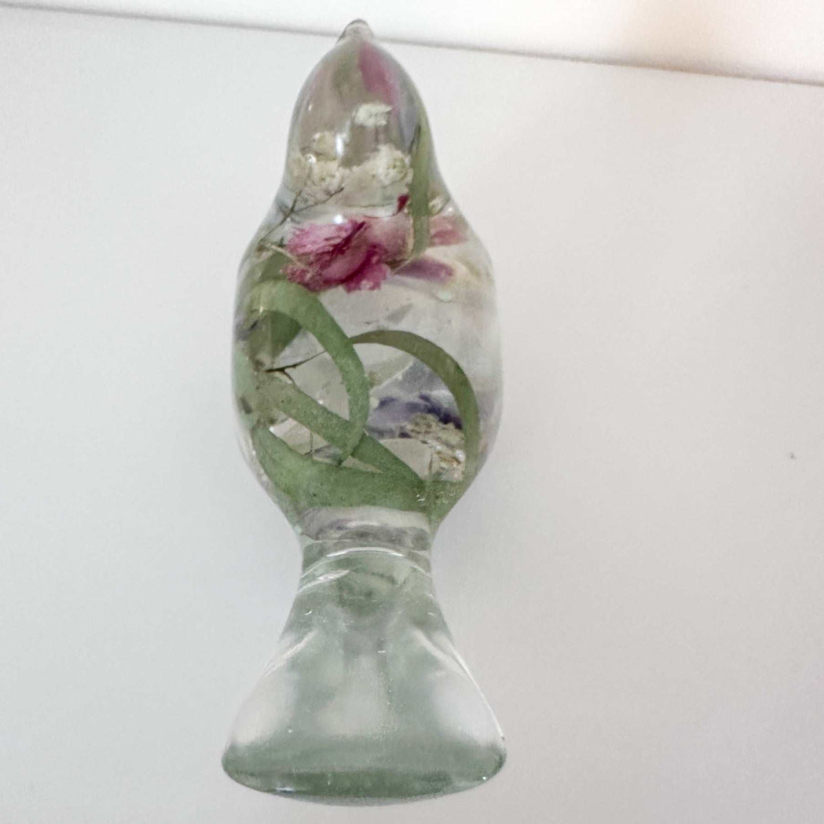 Serene Spring Sparrow: Handmade Fluorite Gemstone & Floral Resin Bird