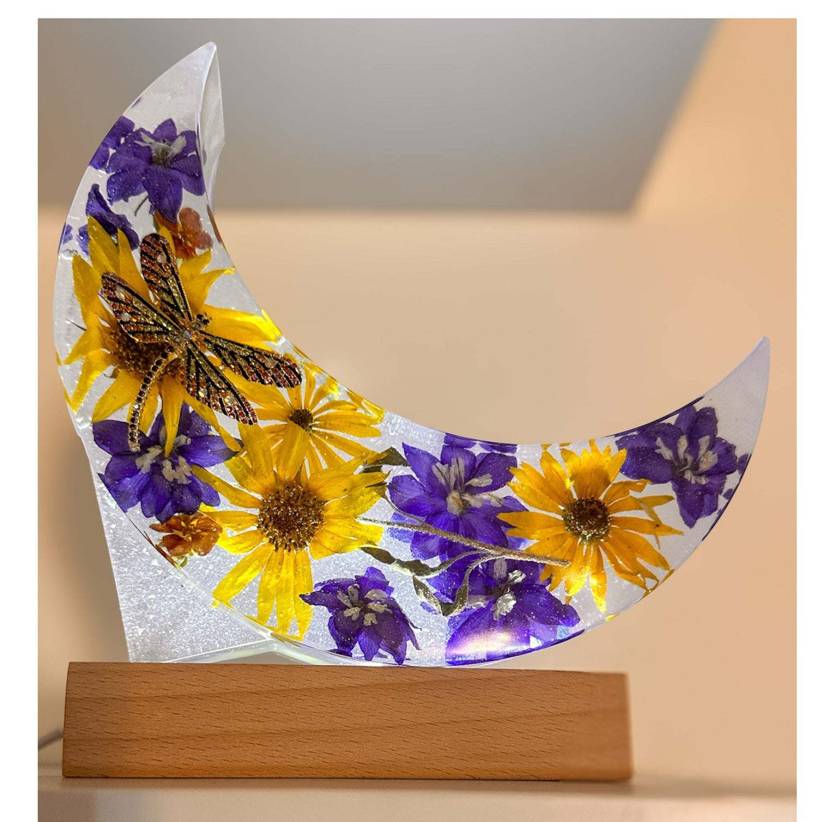 Moonlit Meadow - Handmade Dried Floral Resin Lighted Moon Art Decor