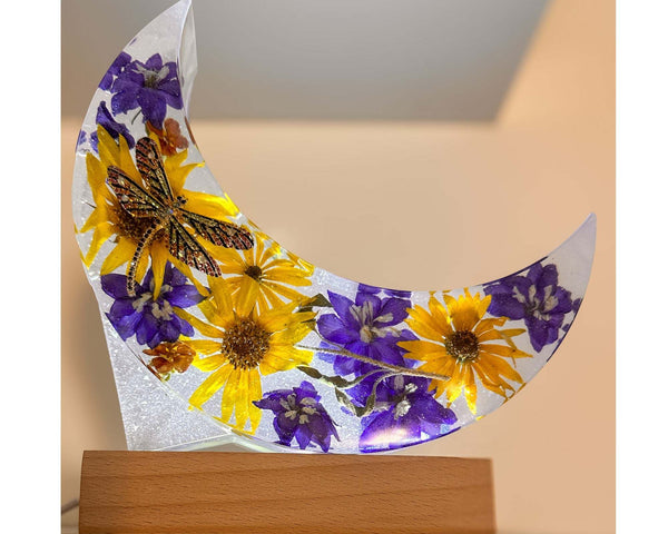 Moonlit Meadow - Handmade Dried Floral Resin Lighted Moon Art Decor