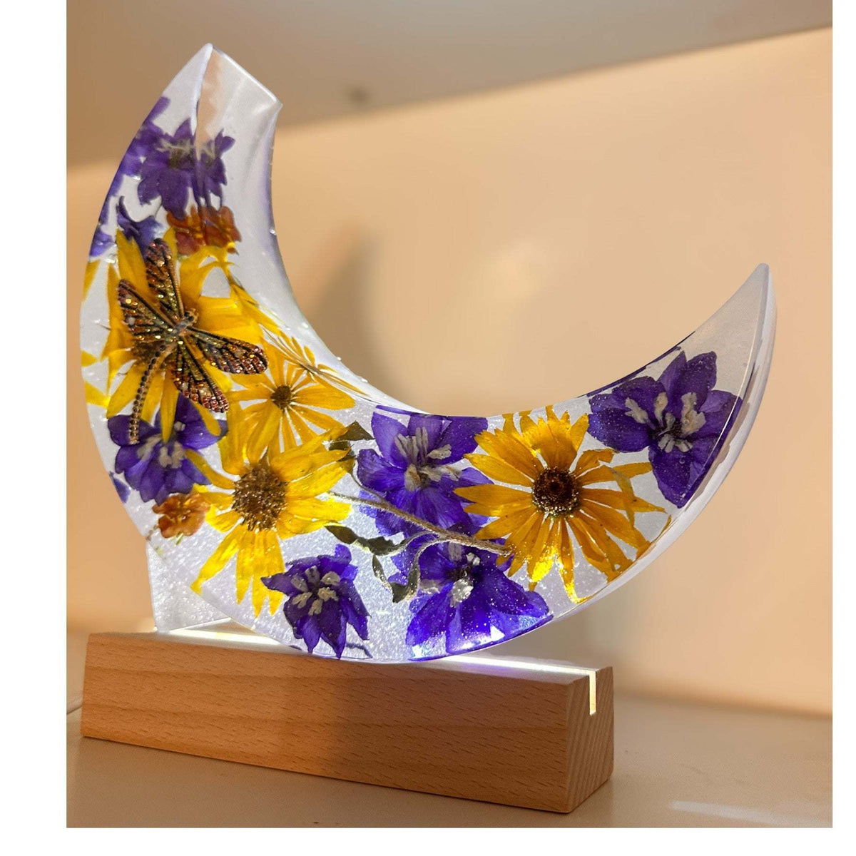 Moonlit Meadow - Handmade Dried Floral Resin Lighted Moon Art Decor