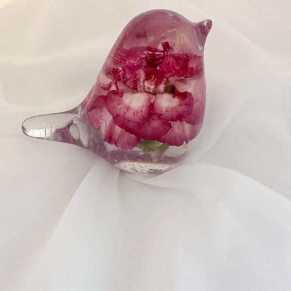 Candyfloss Carnation Robin - Handmade Pink Carnation Resin Bird