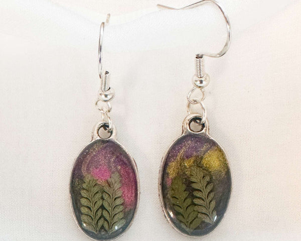 Northern Lights Forest Earrings - Handmade Real Ferns and Aurora Sky