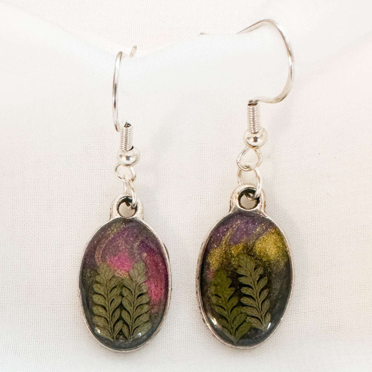 Northern Lights Forest Earrings - Handmade Real Ferns and Aurora Sky