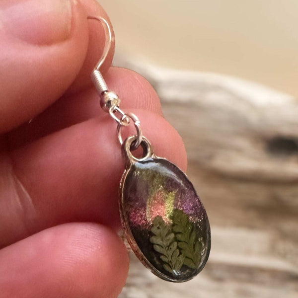 Northern Lights Forest Earrings - Handmade Real Ferns and Aurora Sky
