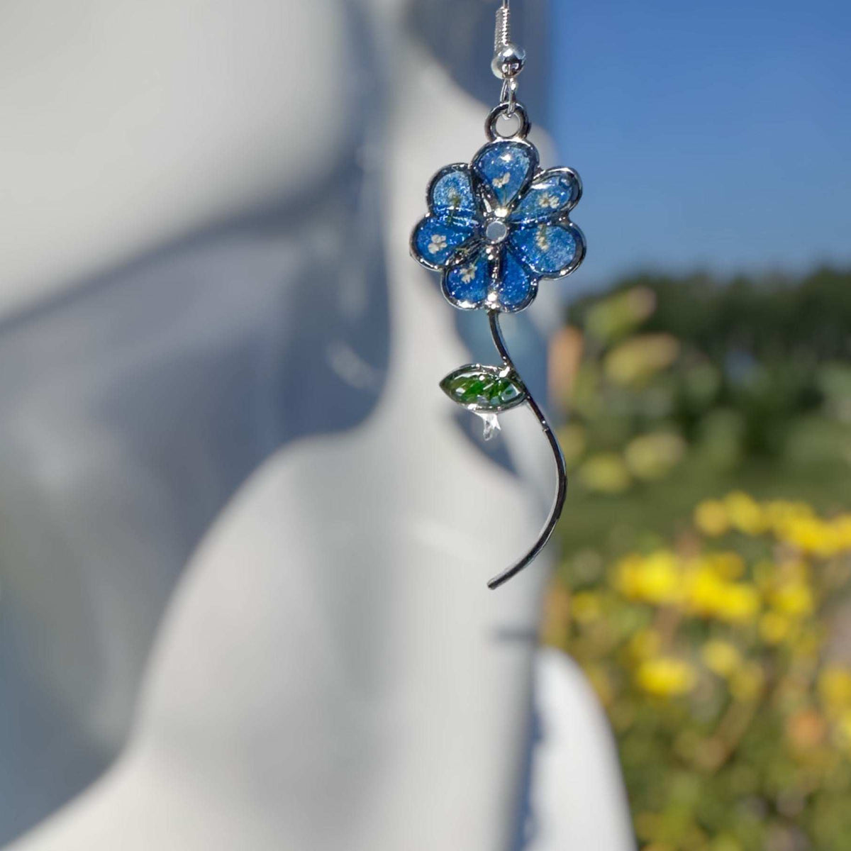 Earrings - Blue Blooms - Handcrafted Blue Petal White Accent Flowers