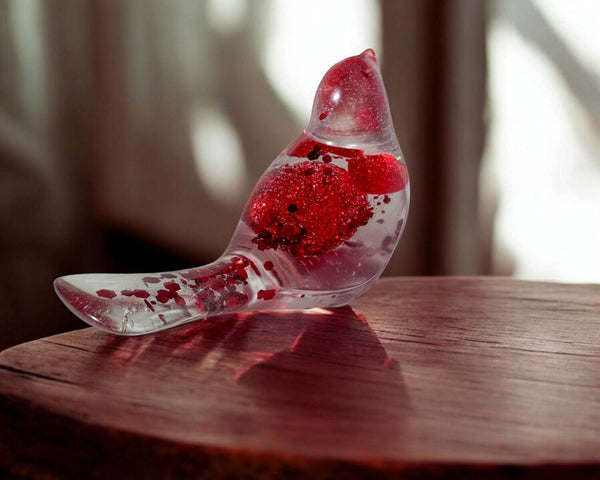 Lovebird Resin Figurine: Unique Handmade Bird Decor with Red Hearts