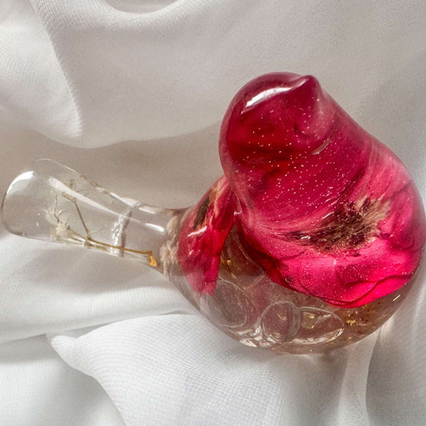 Red Rose Floral Bird - Romantic Handmade Resin Bird Decor with Real Flowers