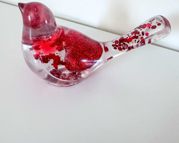 Lovebird Resin Figurine: Unique Handmade Bird Decor with Red Hearts