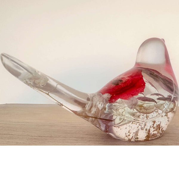 Red Rose Floral Bird - Romantic Handmade Resin Bird Decor with Real Flowers