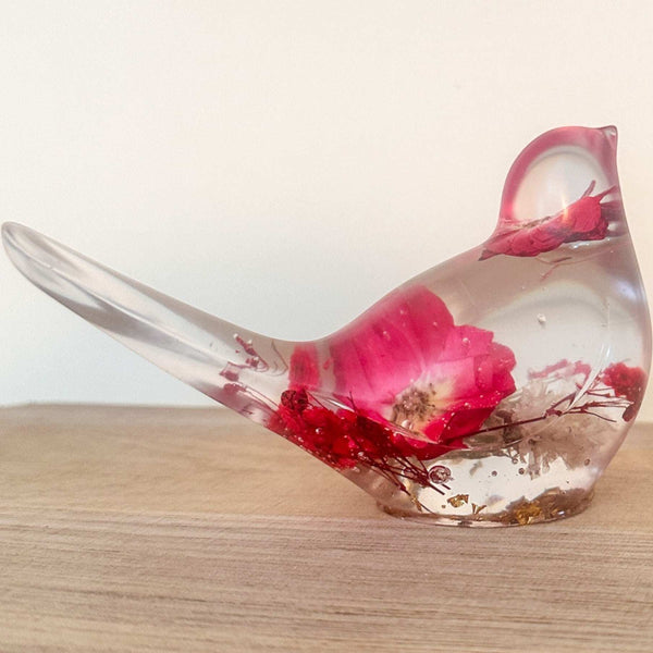 Red Rose Floral Bird - Romantic Handmade Resin Bird Decor with Real Flowers
