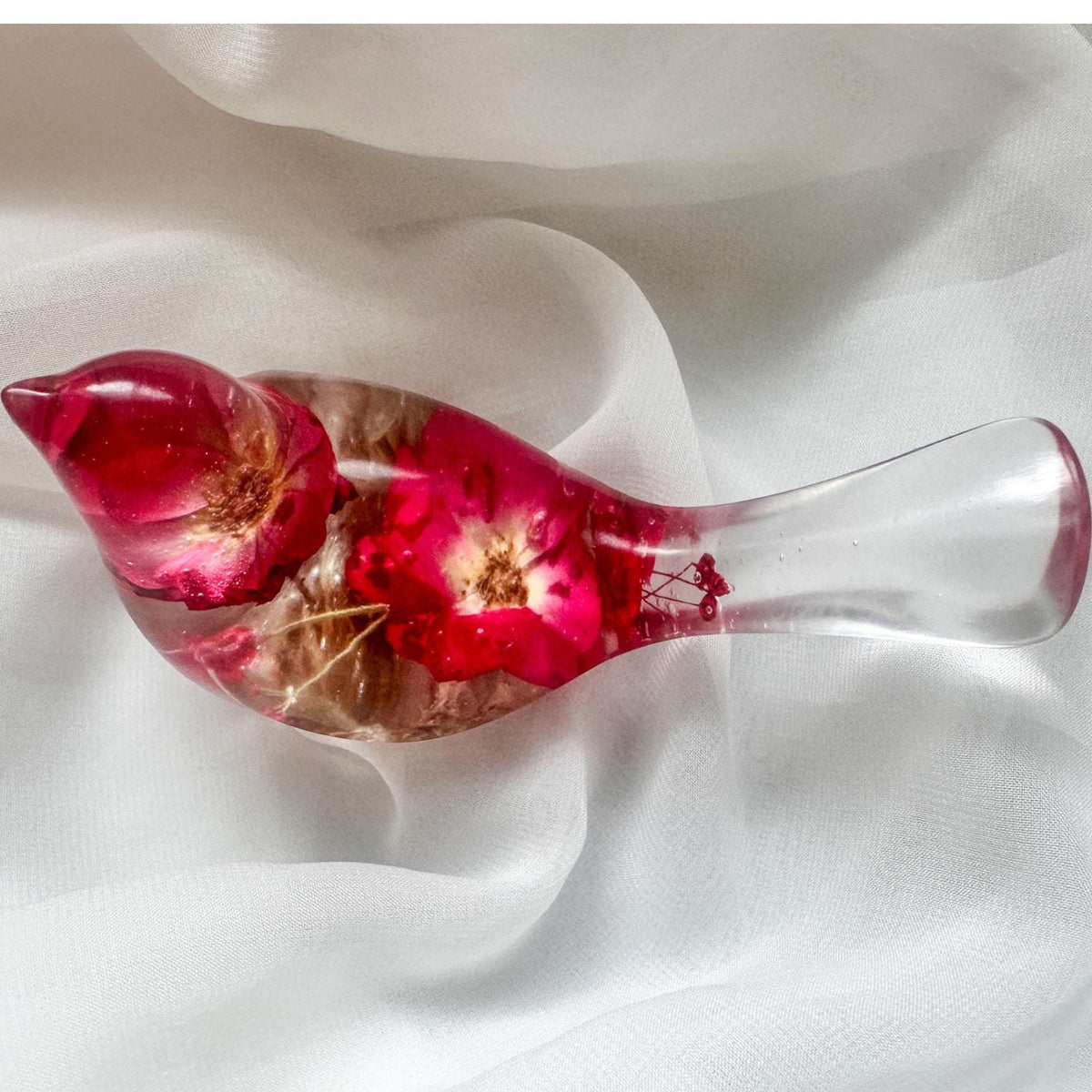 Red Rose Floral Bird - Romantic Handmade Resin Bird Decor with Real Flowers