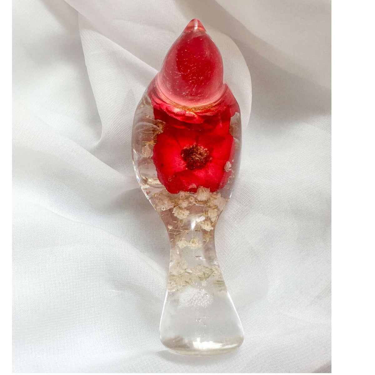 Red Rose Floral Bird - Romantic Handmade Resin Bird Decor with Real Flowers