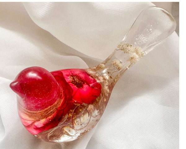 Red Rose Floral Bird - Romantic Handmade Resin Bird Decor with Real Flowers